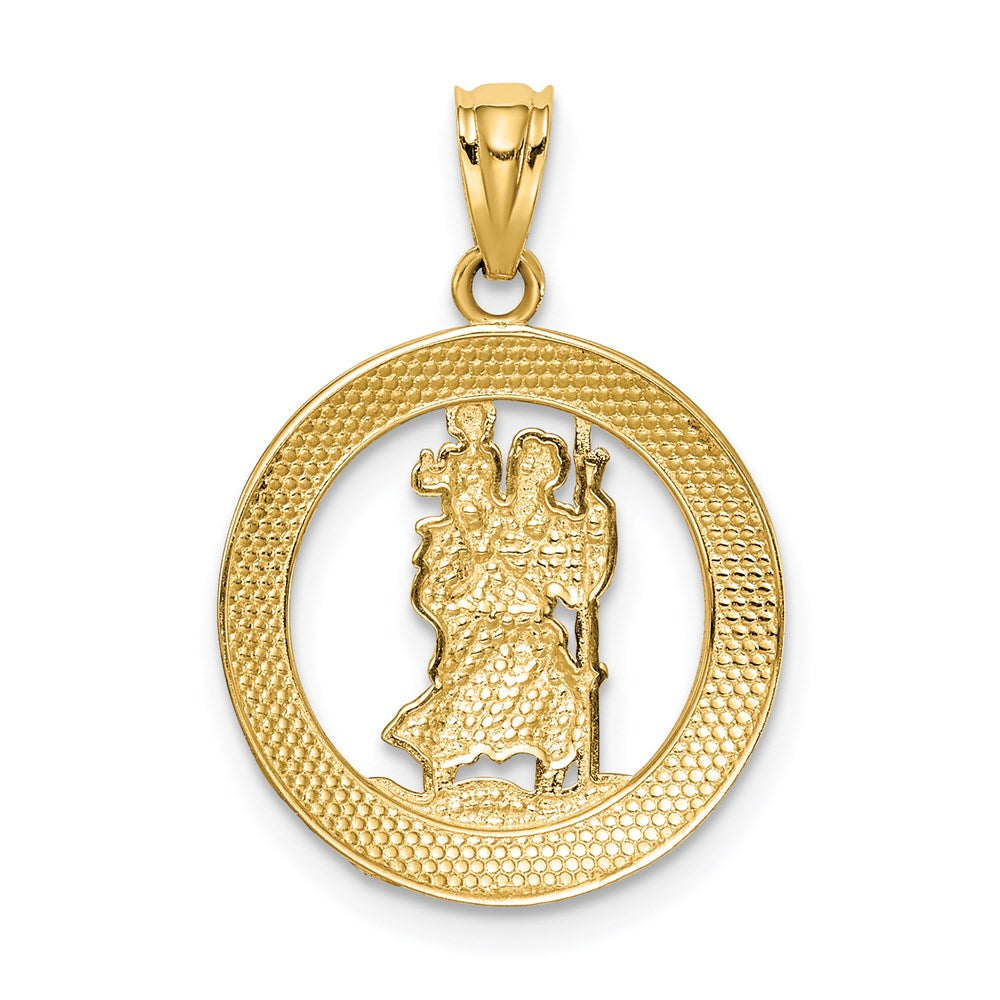 14K and White Rhodium Solid Cut-out St Christopher Medal Round Pendant