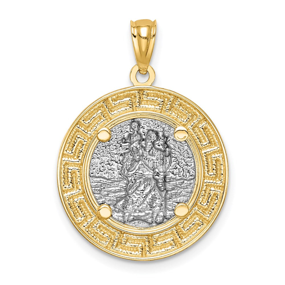 14K and White Rhodium Solid St. Christopher Medal Greek Key Edge Round Pendant