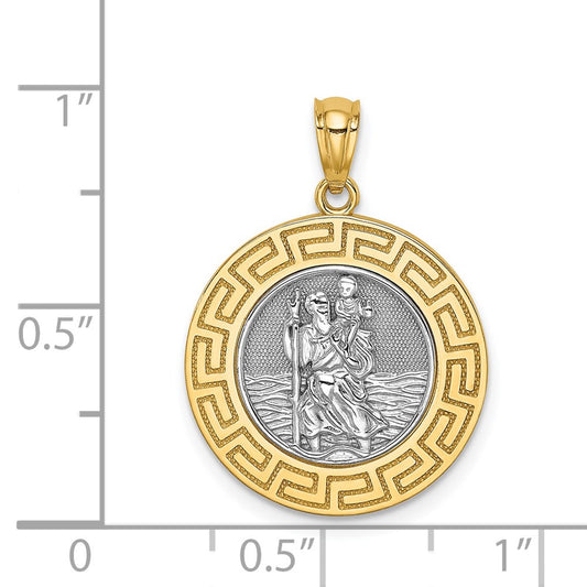 14K and White Rhodium Solid St. Christopher Medal Greek Key Edge Round Pendant