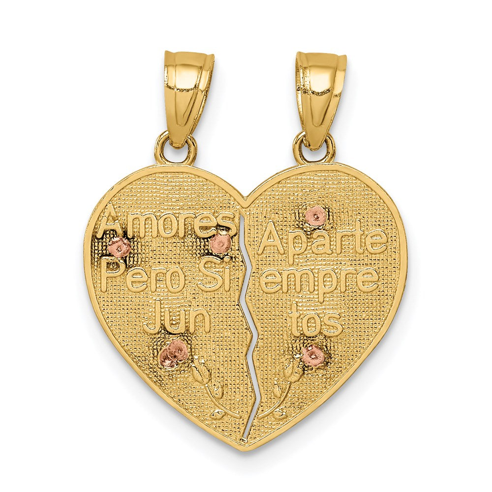 14K Two-tone Reversible Spanish Solid Our Lady of Guadalupe and Crucifix TE AMO Break-apart Heart Pendant