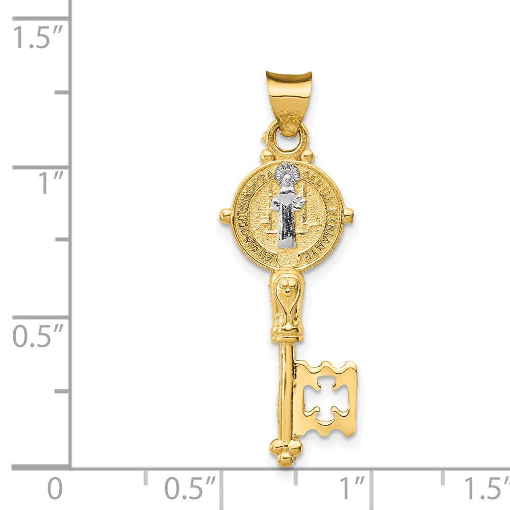 14k with White Rhodium Solid St. Benedict 2-Sided Cross Key Pendant