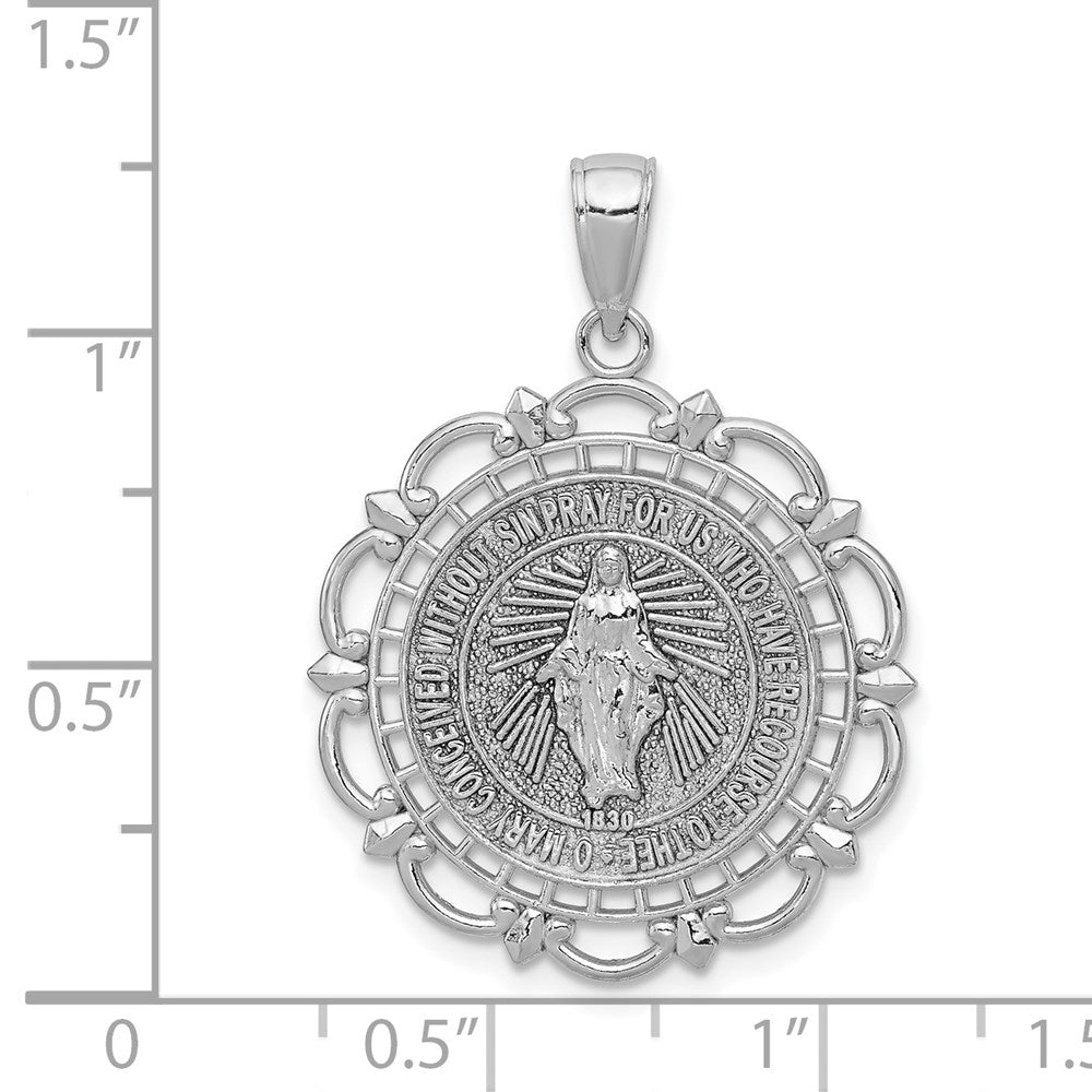 14K White Gold Polished Solid Large Miraculous Medal With Scallop Frame Round Pendant