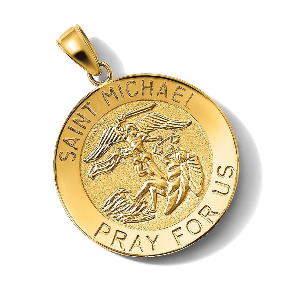 14k Polished and Satin Large St. Michael Medal Round Pendant