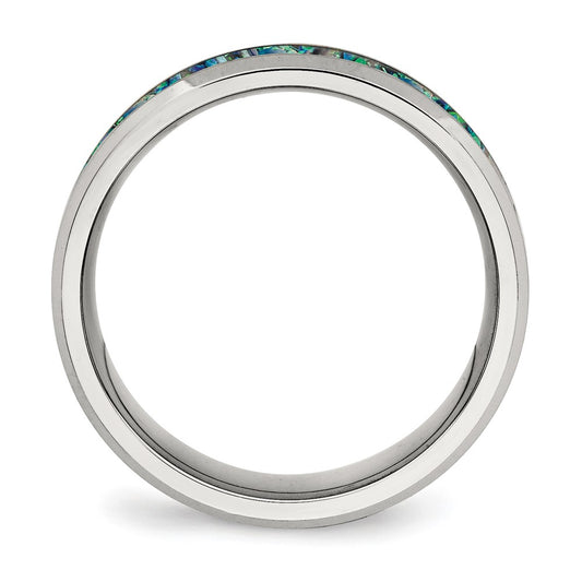 Chisel Stainless Steel Polished with Blue Imitation Opal Inlay 8mm Band