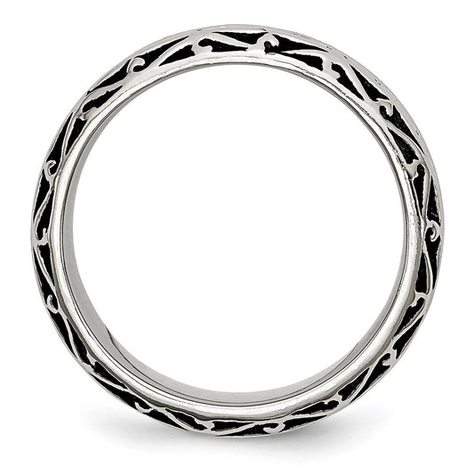 Chisel Stainless Steel Antiqued and Polished Swirl Design 7mm Band