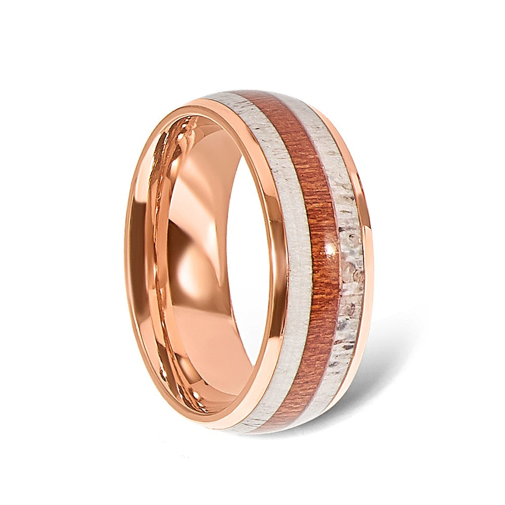 Chisel Stainless Steel Polished Rose IP-plated with Wood and Antler Inlay 8mm Band