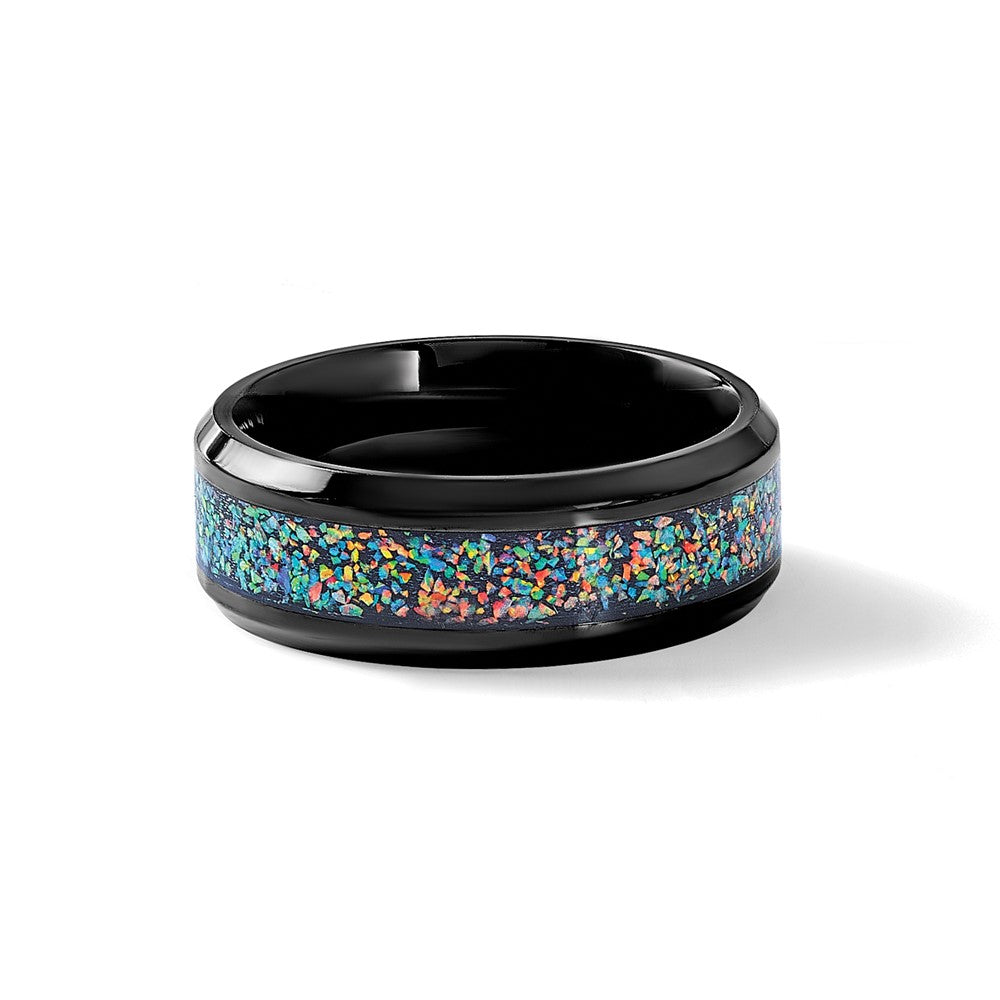 Chisel Stainless Steel Polished Black IP-plated Multi-color Opal Inlay 8mm Band