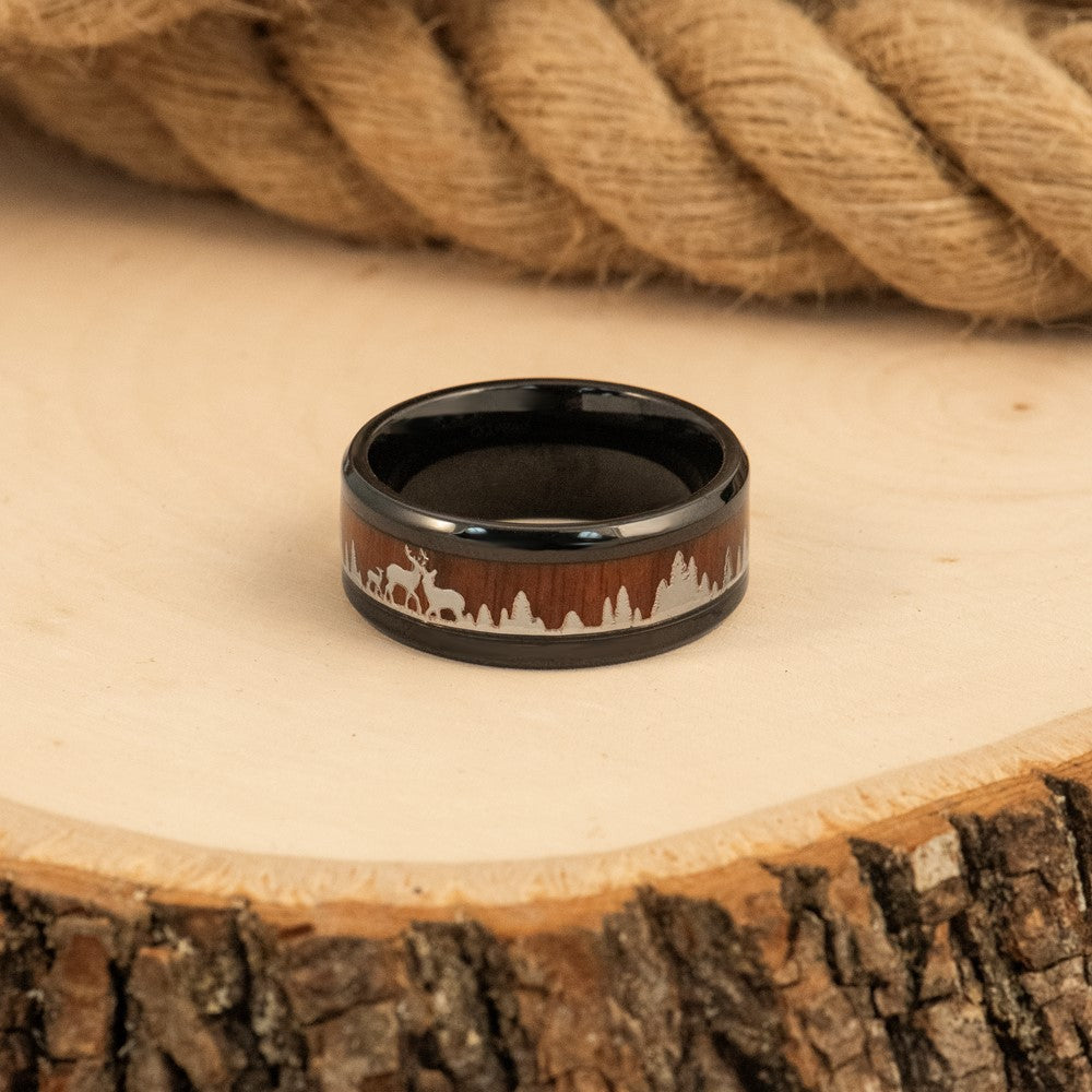 Chisel Stainless Steel Polished Black IP-plated with Wood Inlay Deer in Forest Design 9mm Band