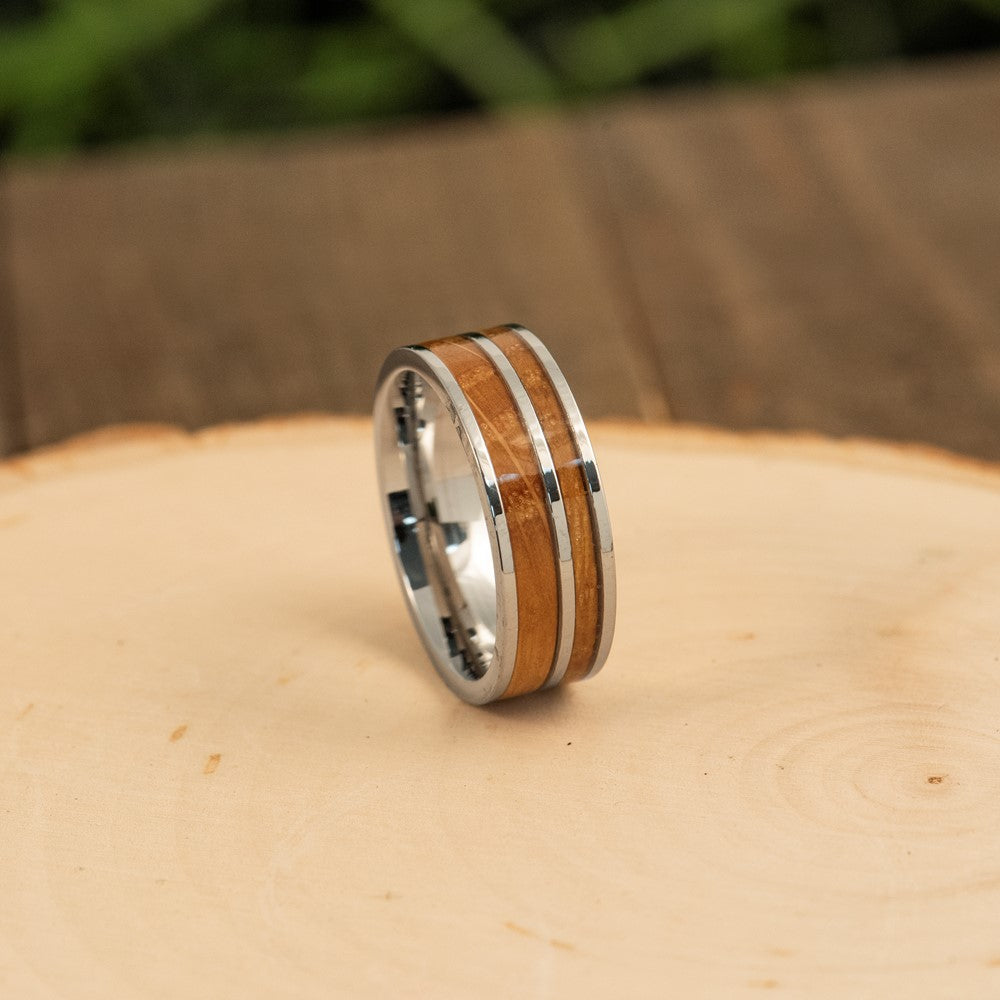 Chisel Stainless Steel Polished with Wood Inlay 8mm Band