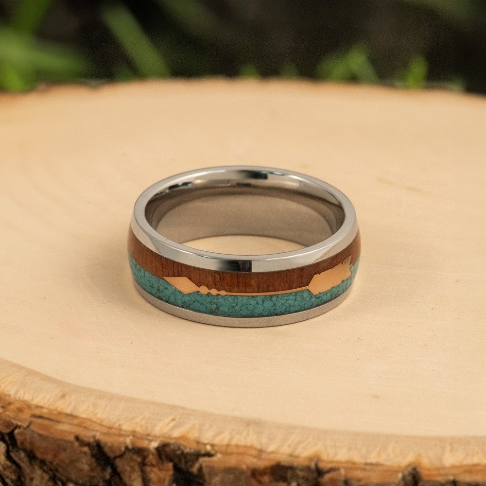 Chisel Stainless Steel Polished Arrow with Turquoise and Wood Inlay 8mm Band