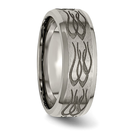 Chisel Titanium Brushed and Polished Flames Laser Design 8mm Beveled Edge Band