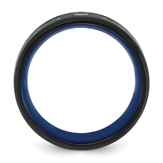 Chisel Titanium Polished Black and Blue IP-plated with Blue CZ Carbon Fiber Inlay in Clear Epoxy 8mm Band