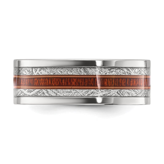Chisel Titanium Polished with Wood and Imitation Meteorite Inlay 8mm Band