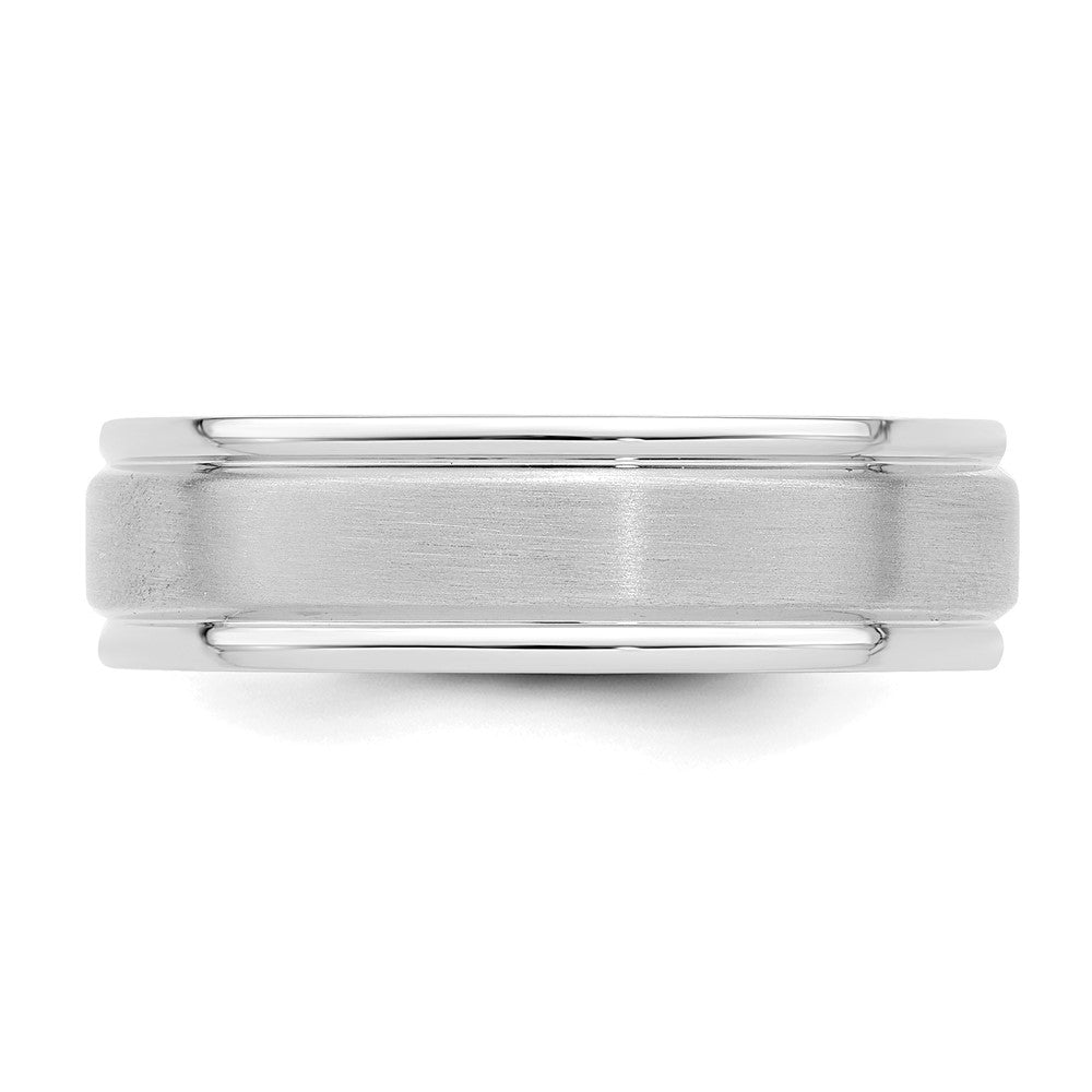 14k White Gold 6mm Lightweight Comfort Fit Brushed Satin/Polished Grooved Edge Wedding Band