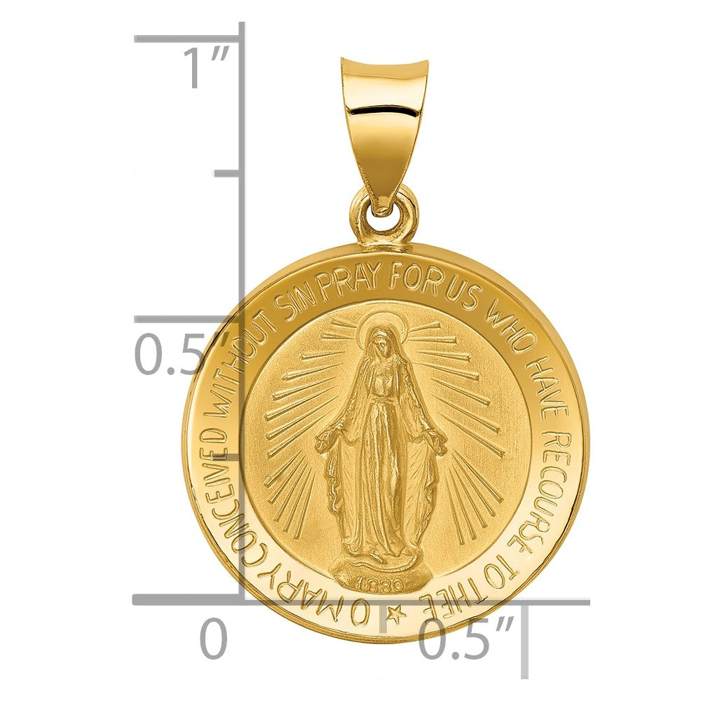 14k Polished and Satin Hollow Miraculous Medal Round Pendant