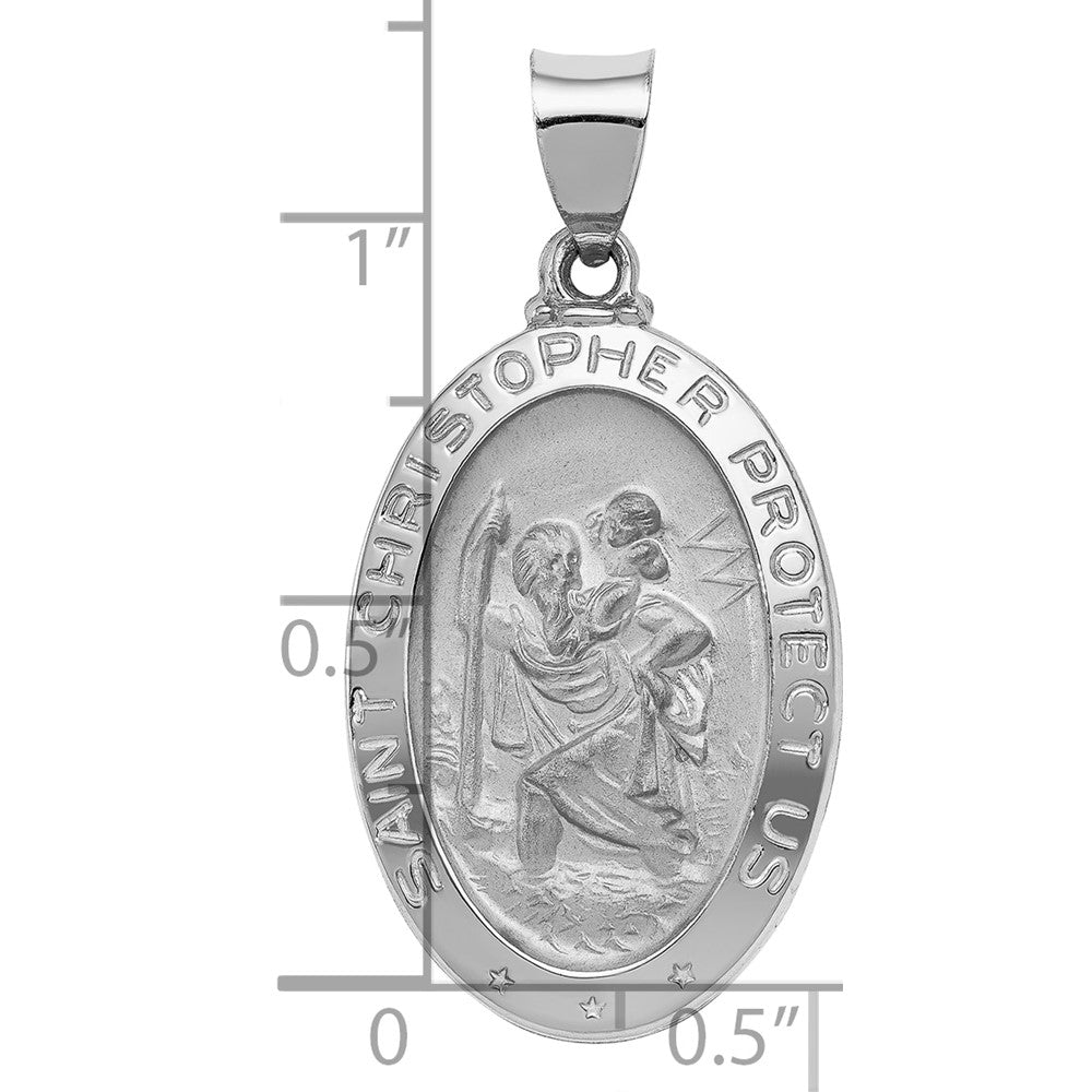 14k White Gold Polished and Satin Hollow St Christopher Medal Oval Pendant