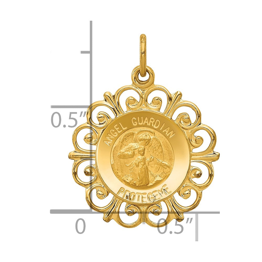 14k Polished and Satin Hollow Spanish Guardian Angel Medal Round Pendant