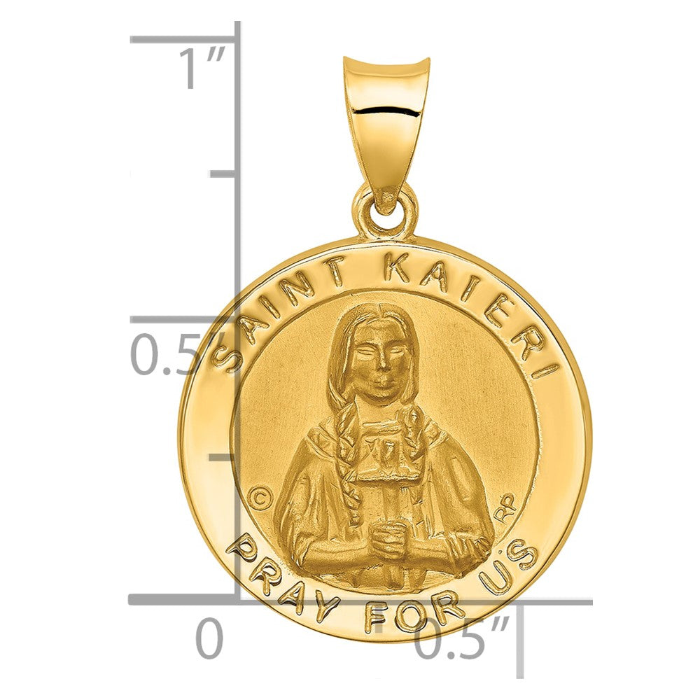 14K Polished and Satin Hollow St. Kateri Medal Round Pendant