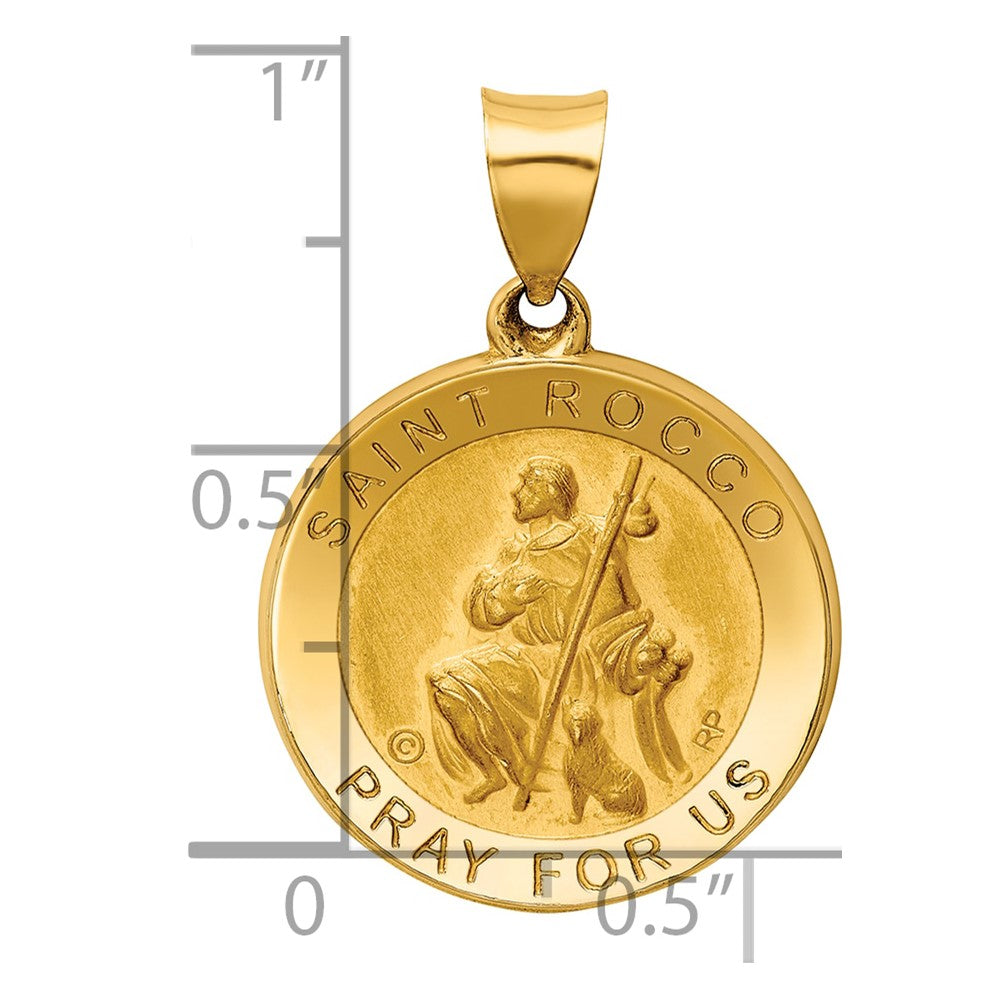 14K Polished and Satin Hollow St. Rocco Medal Round Pendant