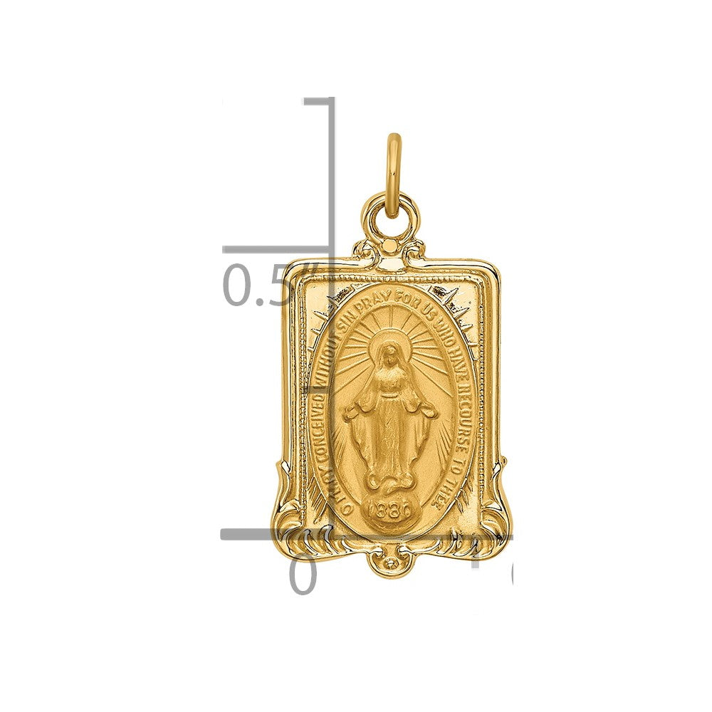 14k Polished and Satin Solid Miraculous Medal Rectangular Pendant