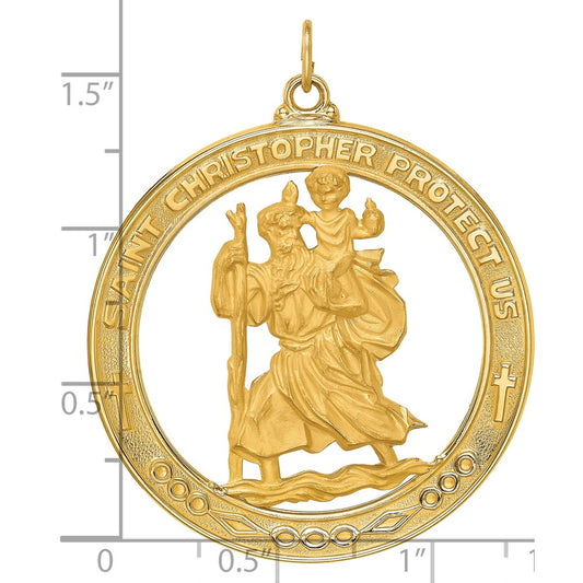 14k Polished and Satin Solid Extra Large Cut-out St. Christopher Medal Round Pendant