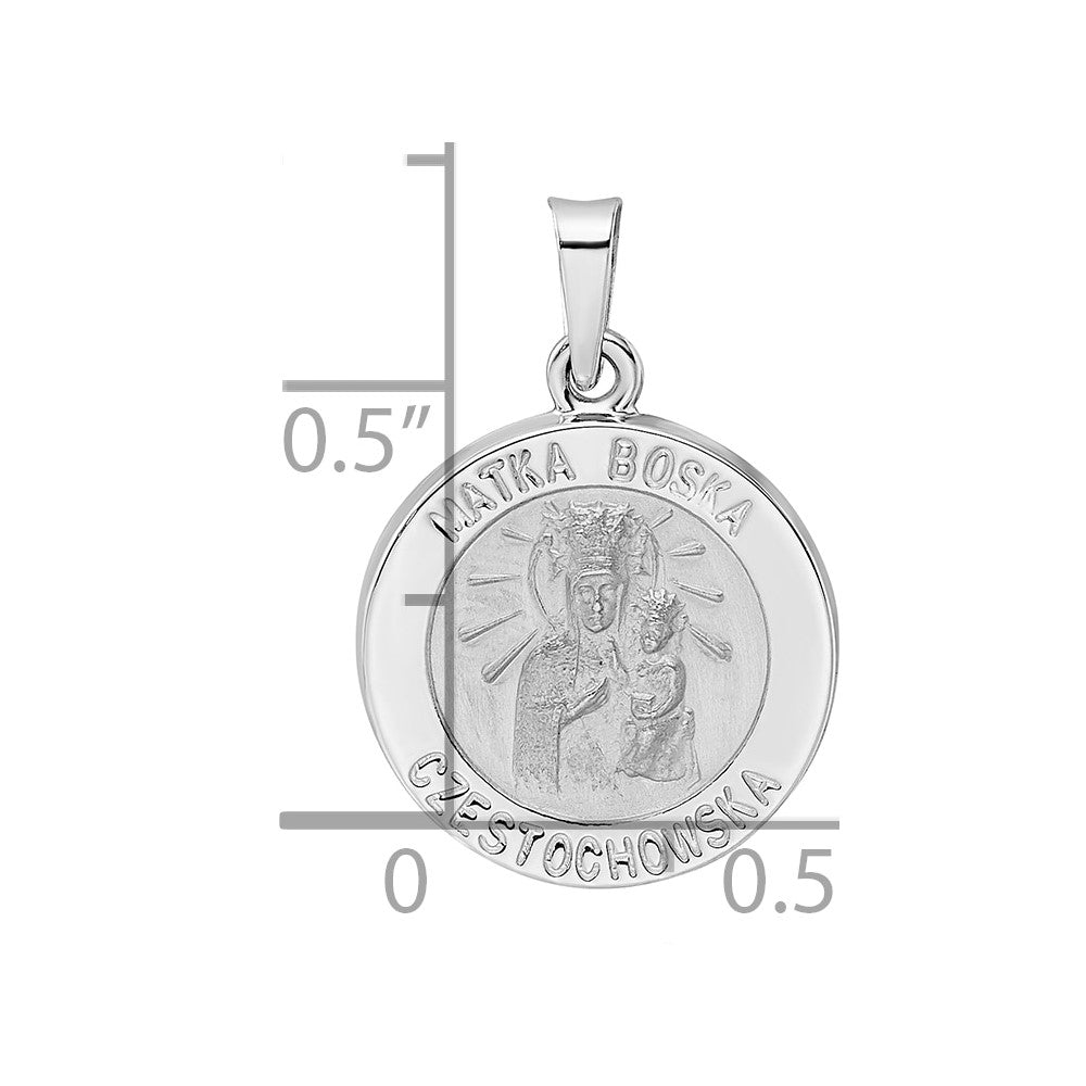 14k White Gold Polished and Satin Hollow Matka Boska Czestochowska Medal Reversible Round Pendant