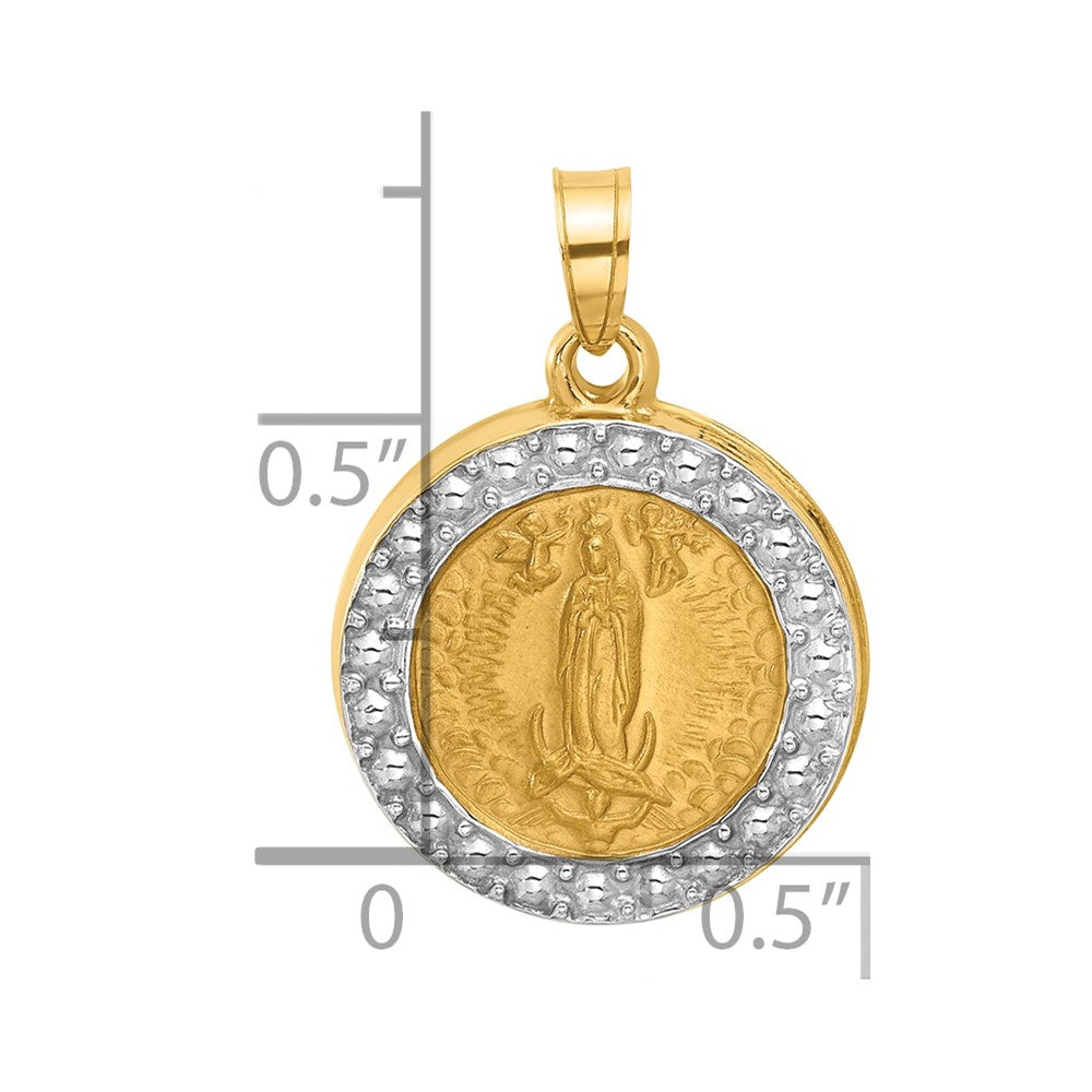 14k and White Rhodium Polished and Satin Hollow Our Lady of Guadalupe Medal Round Pendant