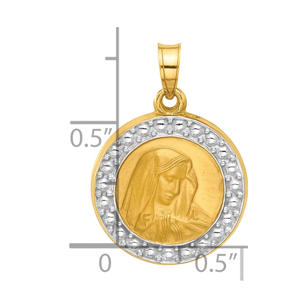 14k and White Rhodium Polished and Satin Hollow Our Lady of Sorrows Medal Round Pendant