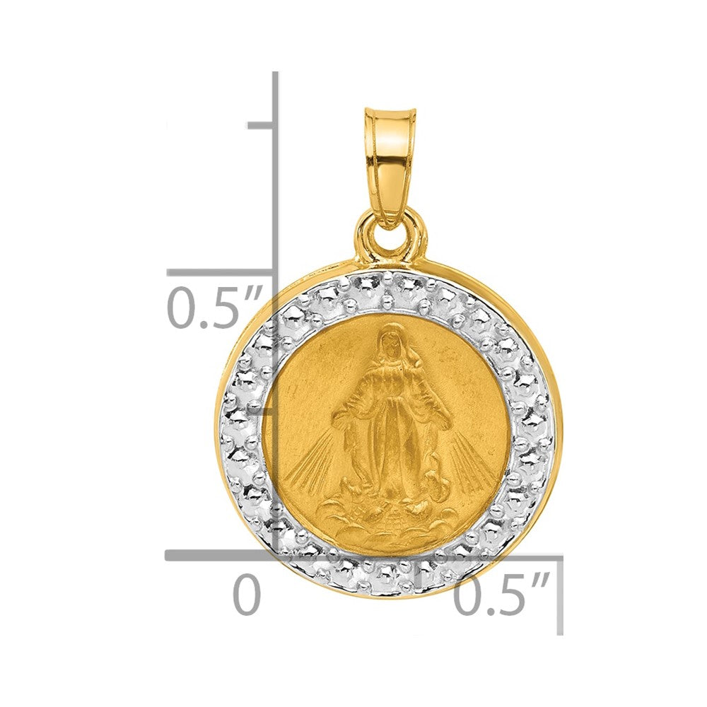 14K and White Rhodium Polished and Satin Hollow Miraculous Medal Plain Back Pendant
