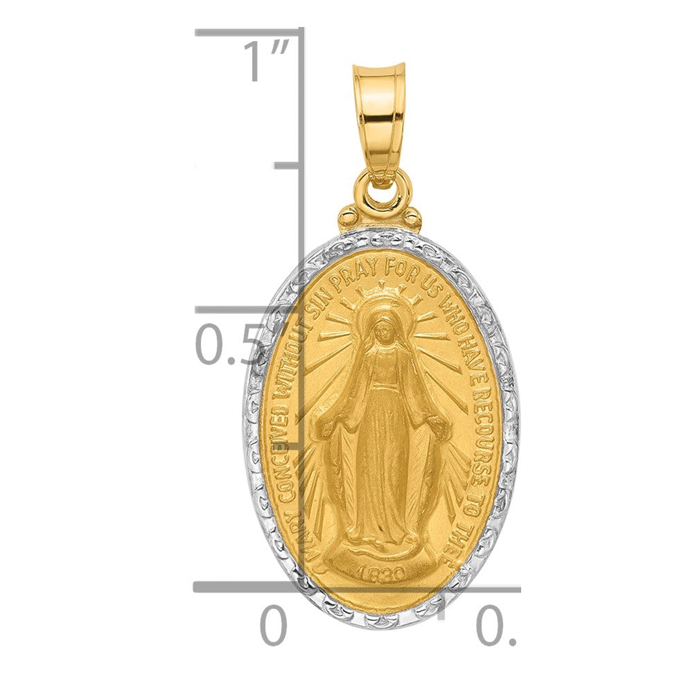 14K and White Rhodium Polished and Satin Solid Miraculous Medal Oval Pendant