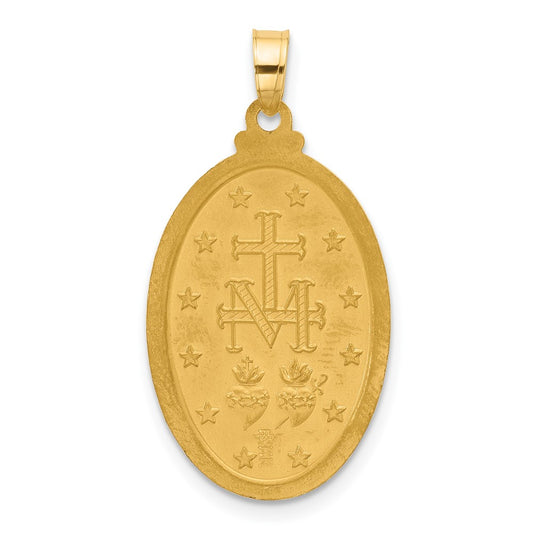 14K and White Rhodium Polished and Satin Solid Miraculous Medal Oval Pendant