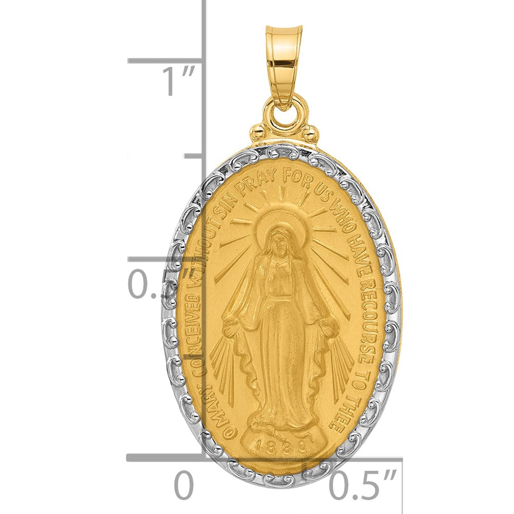 14K and White Rhodium Polished and Satin Solid Miraculous Medal Oval Pendant
