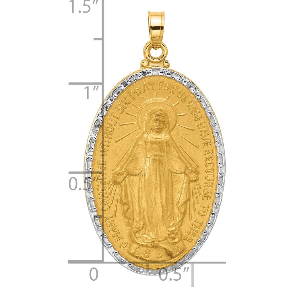14K and White Rhodium Polished and Satin Solid Miraculous Medal Oval Pendant