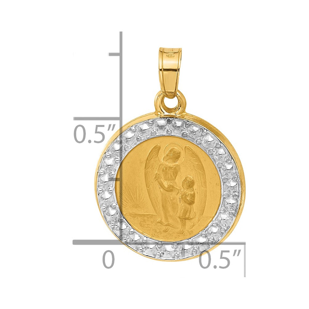 14K and White Rhodium Polished and Satin Hollow Our Guardian Angel Medal Pendant