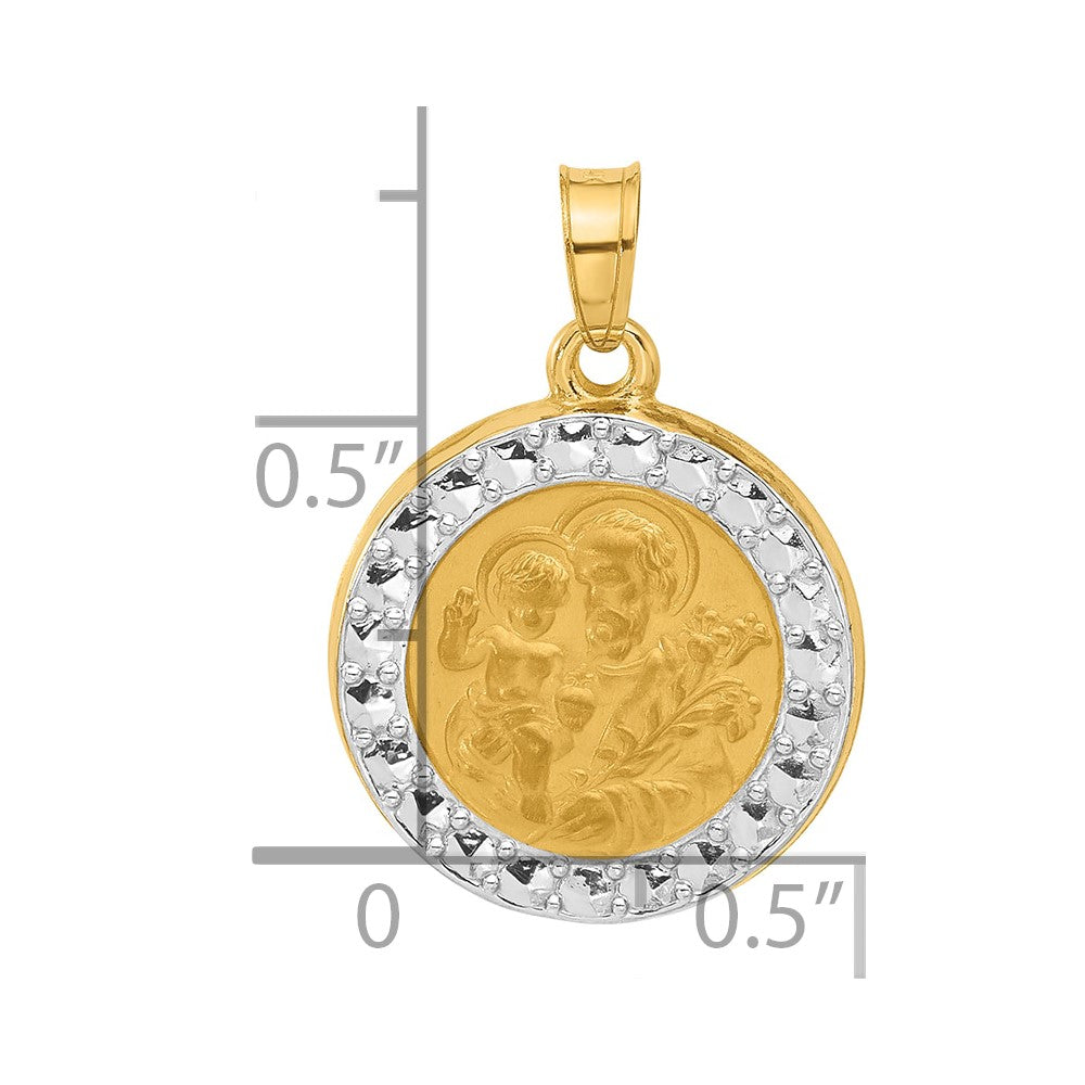 14K with White Rhodium Polished and Satin Hollow St. Joseph Medal Round Pendant