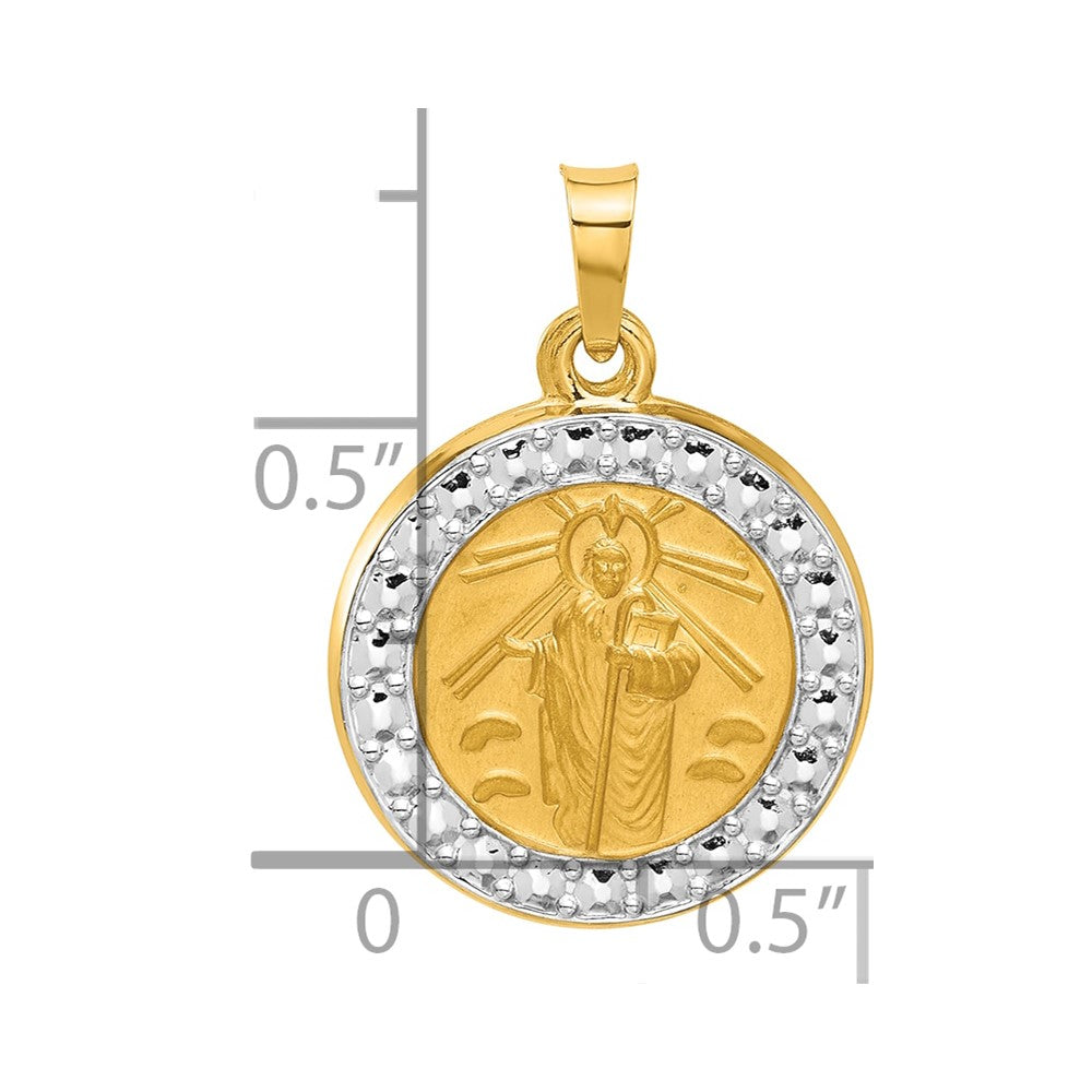 14K with White Rhodium Polished and Satin Hollow St. Jude Thaddeus Medal Round Charm