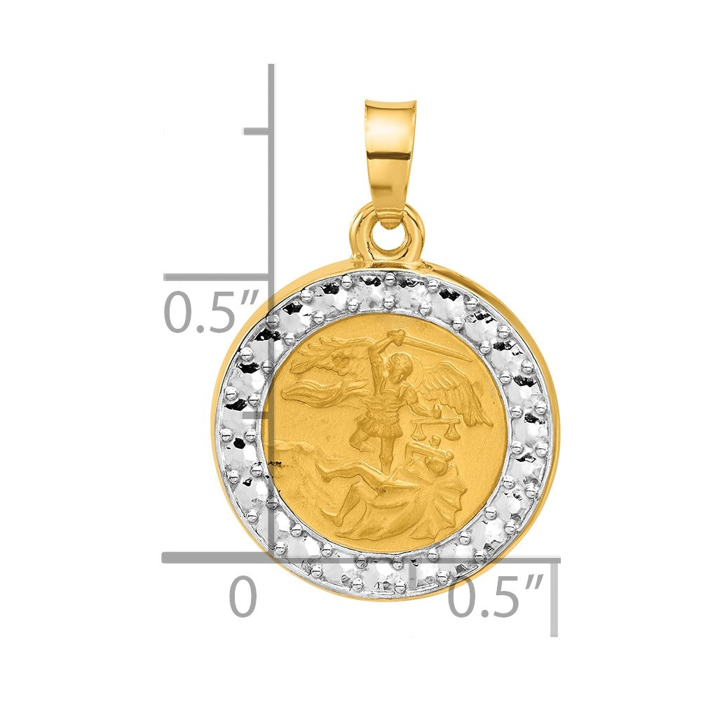 14K with White Rhodium Polished and Satin Hollow St. Michael Medal Round Pendant