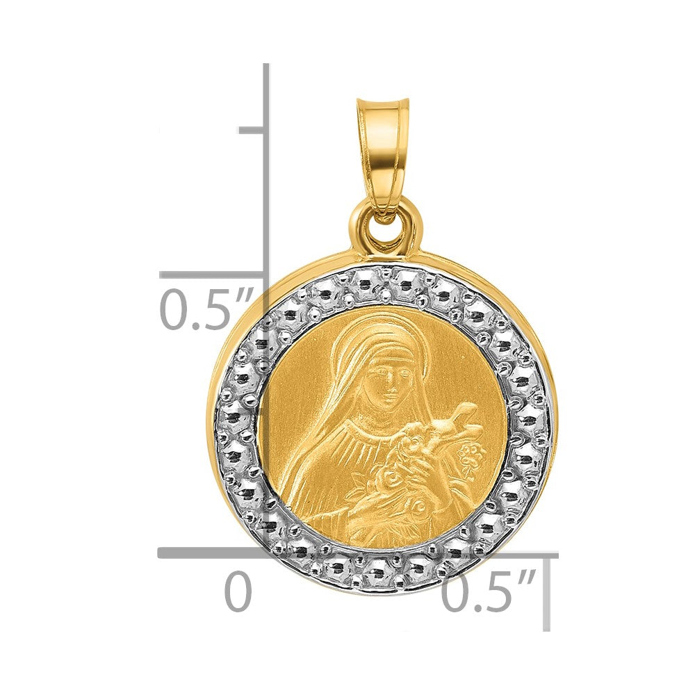 14k with White Rhodium Polished and Satin Hollow St. Theresa Medal Round Pendant