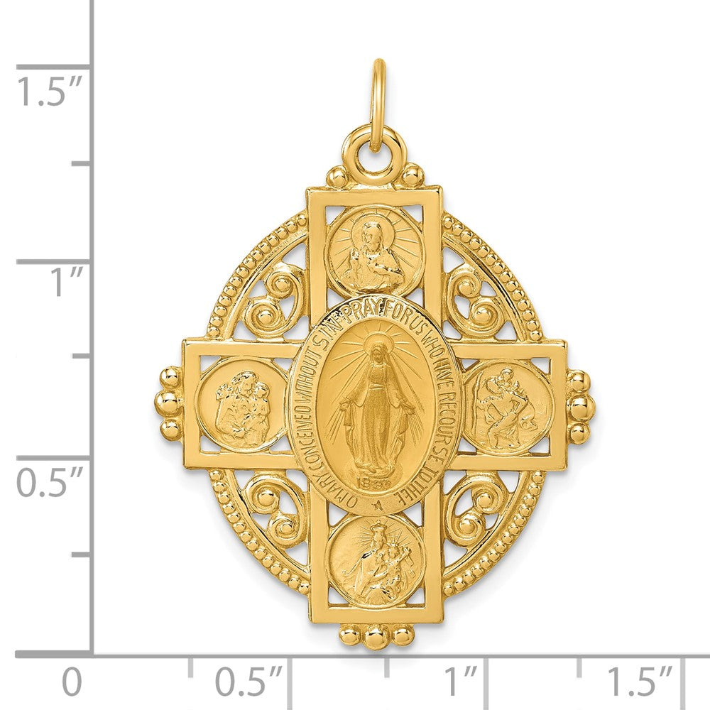 14k Polished Miraculous Medal and Four-way Cross in Filigree Oval Pendant
