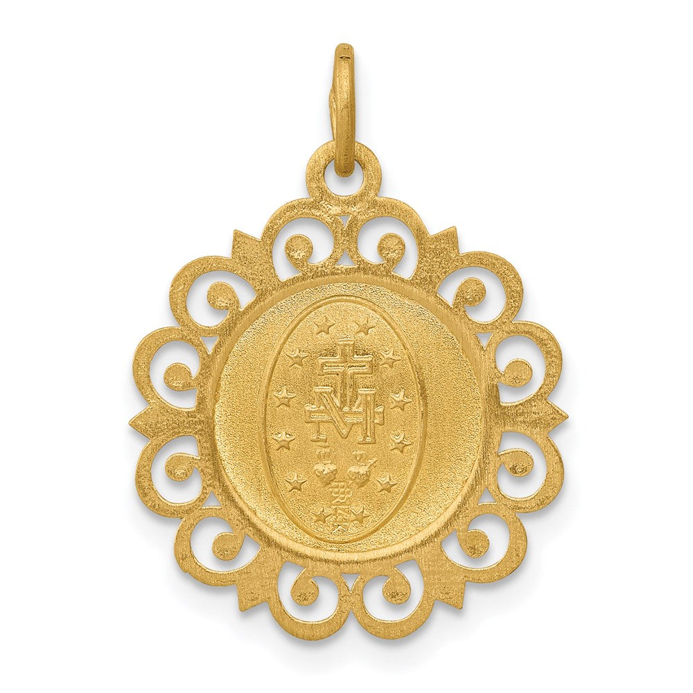 14k Polished and Satin Solid Miraculous Medal with Scallop Frame Round Charm