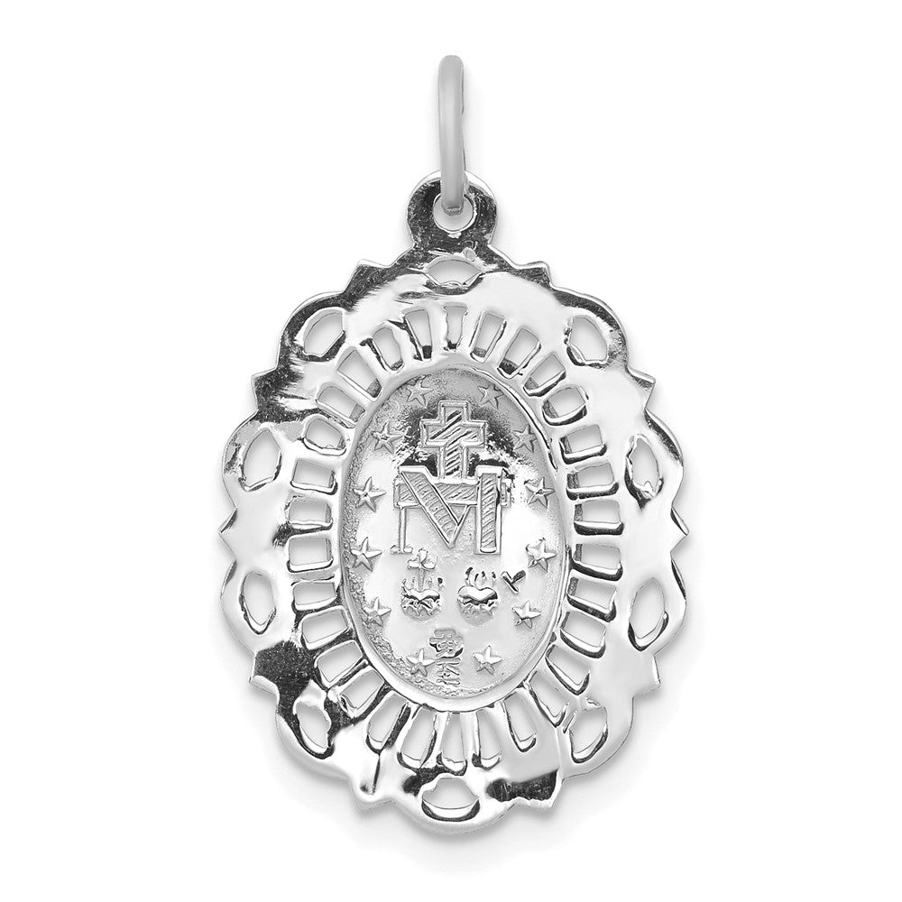 14k White Gold Polished and Satin Solid Miraculous Medal Scalloped Edge Oval Pendant