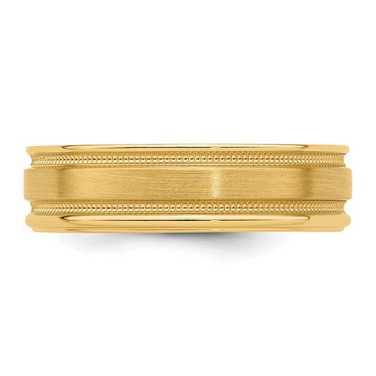 14k Yellow Gold 6mm Heavyweight Comfort Fit Brushed Satin/Polished Milgrain Grooved Edge Wedding Band