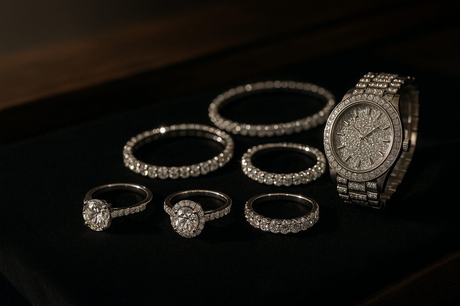 "High-resolution realistic banner image featuring luxury diamond jewelry — including rings, bracelets, and a diamond-studded watch — arranged neatly on a dark velvet or wooden surface. Elegant showroom lighting with dramatic shadows and sparkle reflections. Leave the left side intentionally blank or softly blurred for overlay text. Modern, premium, and polished look, ideal for a luxury Shopify jewelry brand."