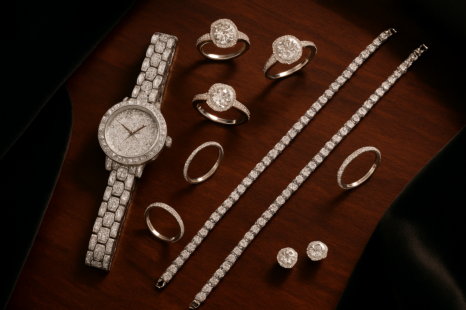 "Square flat lay of luxury diamond jewelry arranged on a dark wooden or velvet surface — featuring a diamond-studded watch, diamond rings, tennis bracelets, and earrings, all sparkling under soft warm showroom lighting. The scene should feel elegant and high-end, with realistic details, soft shadows, and a rich boutique ambiance. Designed for a luxury Shopify jewelry brand — upscale, dramatic, and refined presentation."