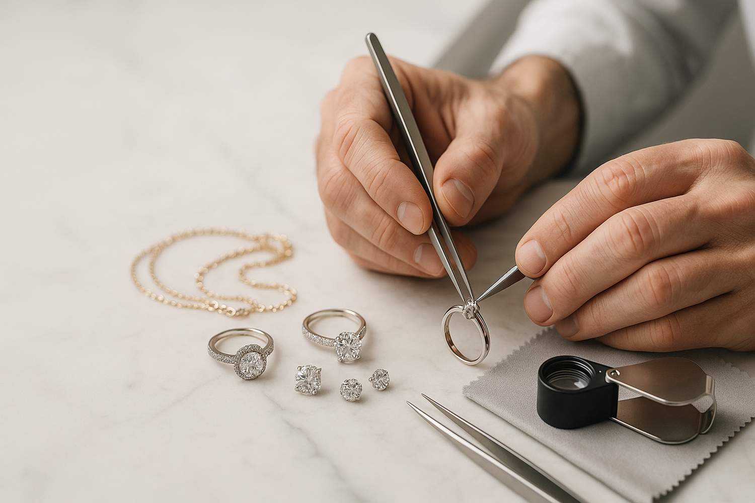 "Ultra-realistic banner image of a jeweler repairing fine diamond jewelry — rings, chains, and earrings — on a clean, modern surface in soft gray, cream, or marble tones. Include professional tools like tweezers, magnifying loupe, and cloths. The lighting should be bright but soft, creating a luxury clinical feel (not rustic). Leave the left side blank or softly blurred for text overlay. The scene should look authentic, high-end, and elegant — perfect for a premium Shopify jewelry repair service."