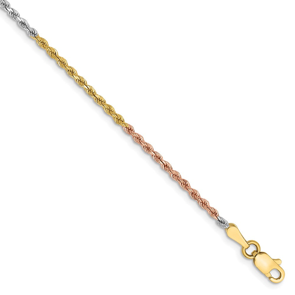 14K Tri-colored 1.75mm Diamond-cut Rope with Lobster Clasp Anklet