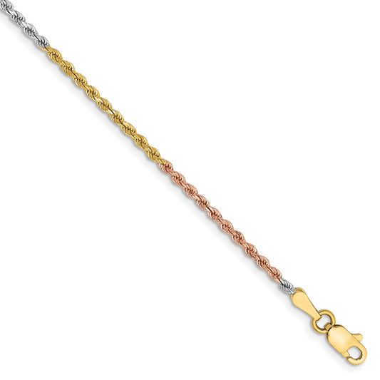 14K Tri-colored 1.75mm Diamond-cut Rope with Lobster Clasp Anklet