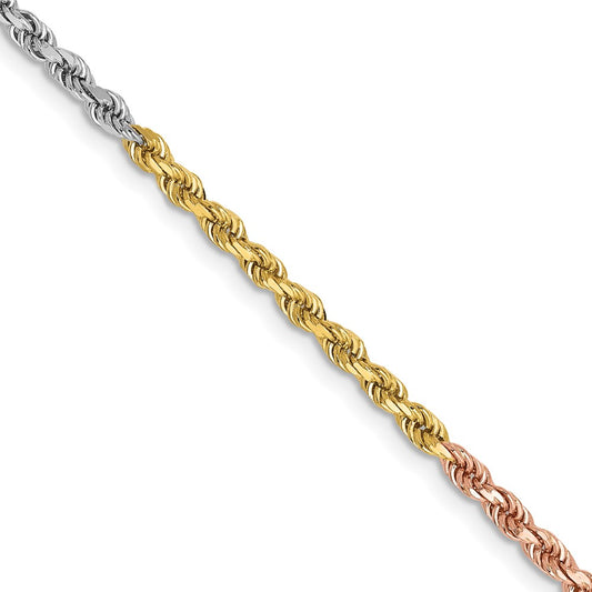 14K Tri-colored 2.5mm Diamond-cut Rope with Lobster Clasp Chain