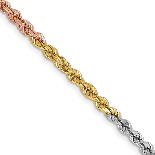 14K Tri-colored 2.9mm Diamond-cut Rope with Lobster Clasp Chain