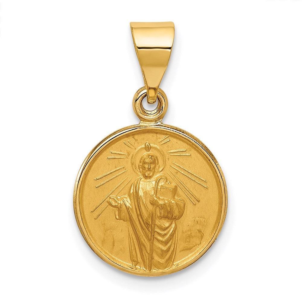 18K Polished and Satin Solid Saint Jude Thaddeus Medal Round Pendant